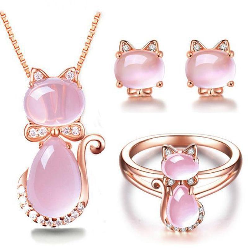 Cat Jewelry Set in Rose Gold Plate & Quartz Crystal Rhinestone - Paw and Claw Jewelry