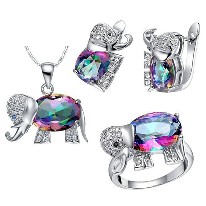 A colorful stone elephant necklace ring jewelry set 