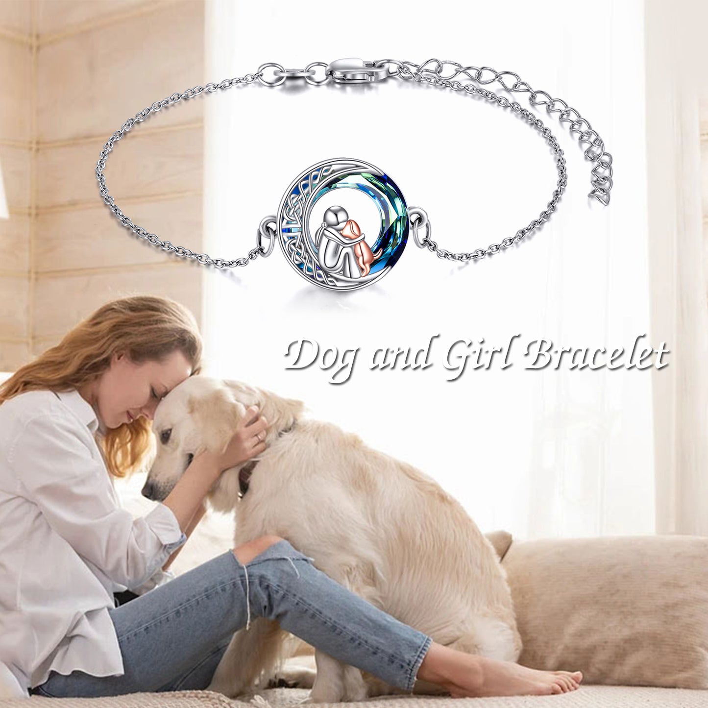 A woman and her dog cuddling with the bracelet shown above them